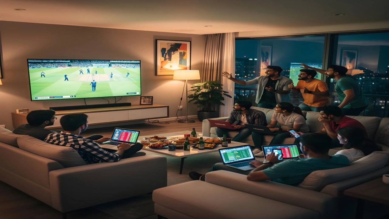 Group of friends watching live cricket match at home while using laptops and smartphones for live betting and odds tracking