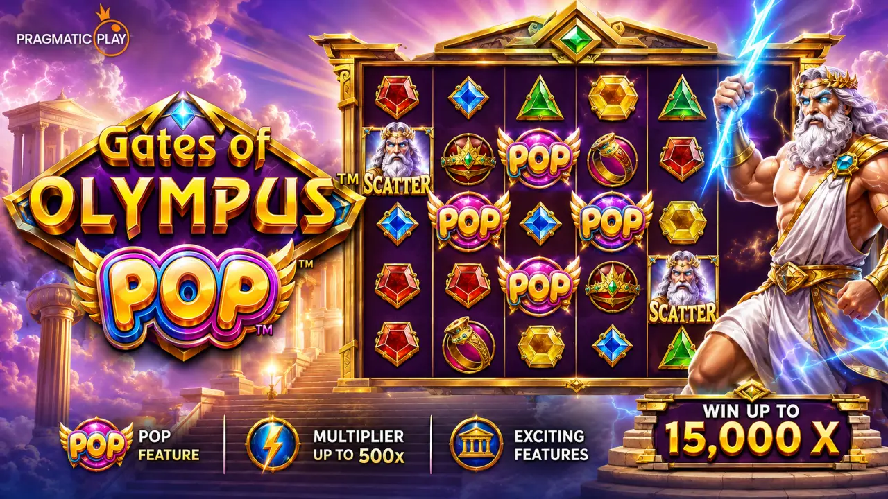 Gates of Olympus POP slot by Pragmatic Play featuring Zeus, colorful gem symbols, POP features and Olympus-themed reels.