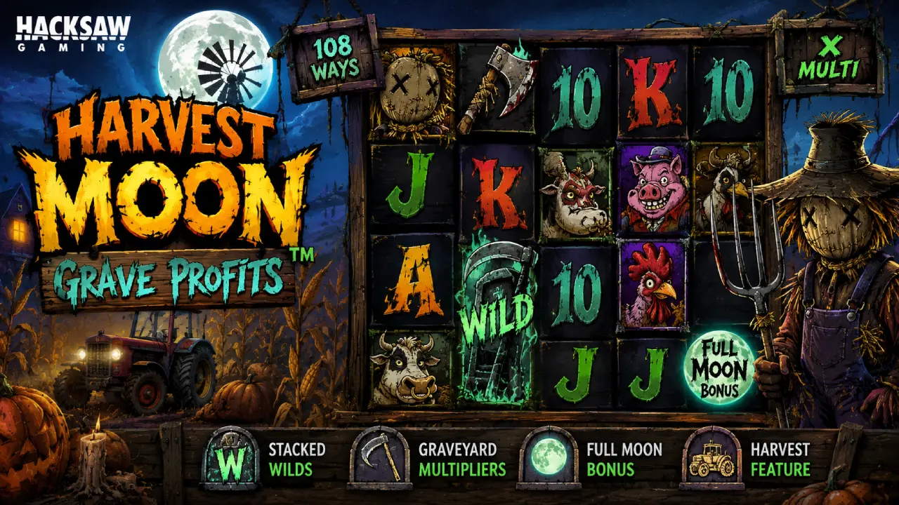 Harvest Moon: Grave Profits slot by Hacksaw Gaming featuring a creepy scarecrow, full moon, farm-themed reels, Wilds and bonus features.