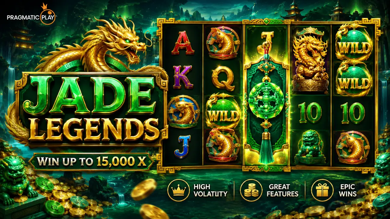 Jade Legends slot by Pragmatic Play featuring a golden dragon, jade symbols, Wilds and Asian-inspired slot reels.