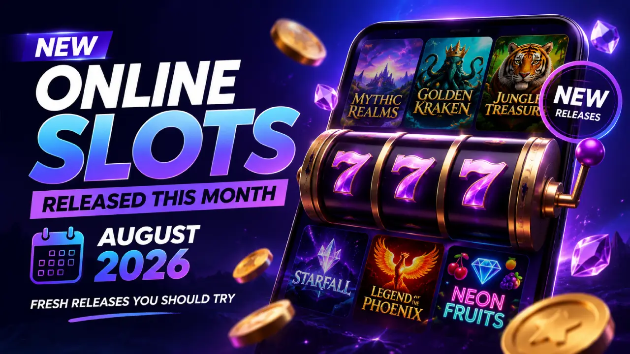New online slots released in August 2026 featuring a modern slot machine with 777 reels, new game releases, coins and neon casino graphics.