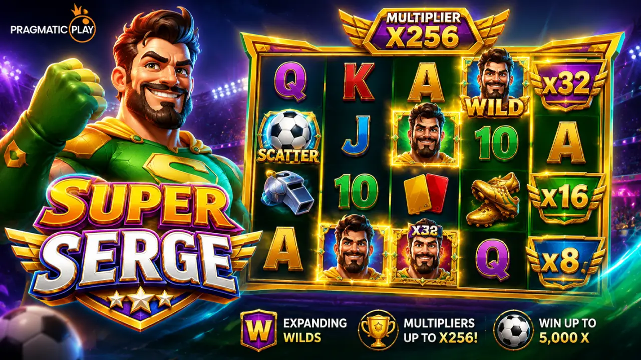 Super Serge slot by Pragmatic Play featuring a superhero character, football-themed symbols, expanding Wilds and multipliers.