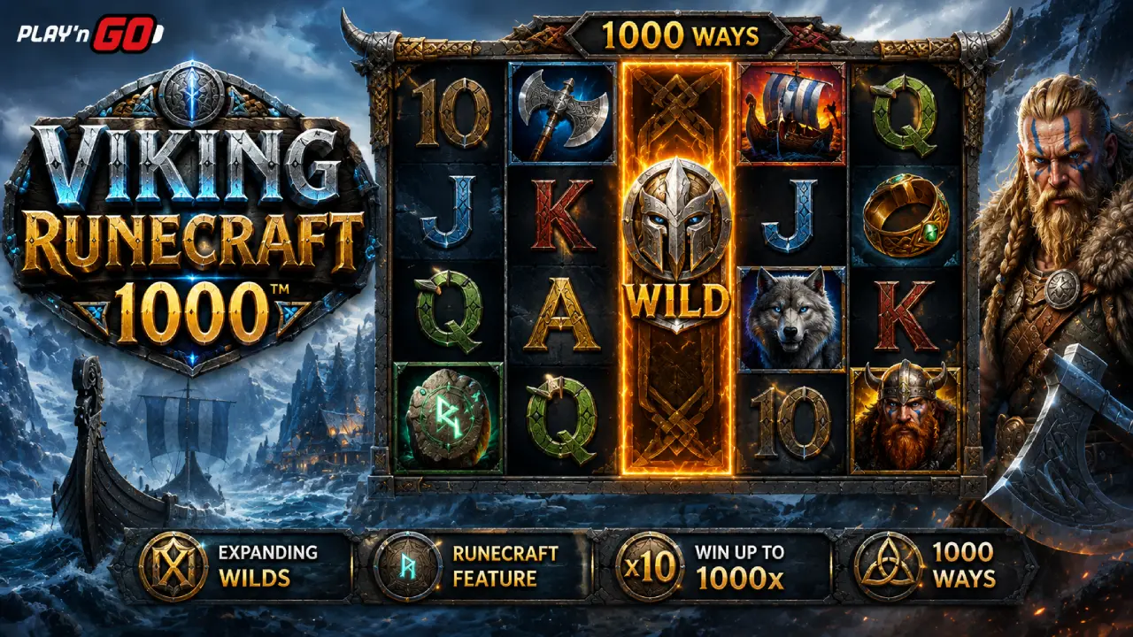 Viking Runecraft 1000 slot by Play’n GO featuring a Viking warrior, Norse runes, expanding Wilds and 1000 Ways slot reels.