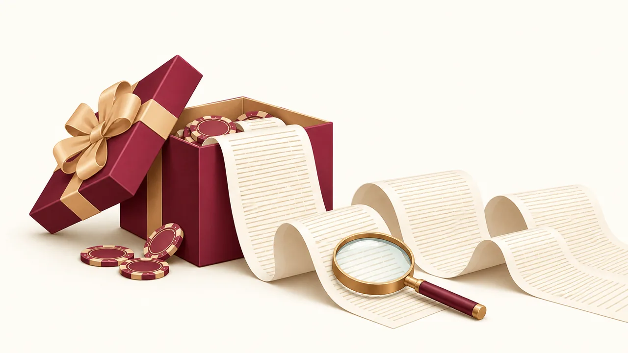 Gift box with chips and long terms for online casino bonuses