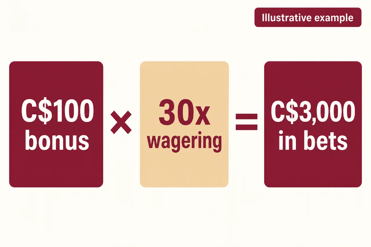Online casino bonus wagering example of C$100 at 30x